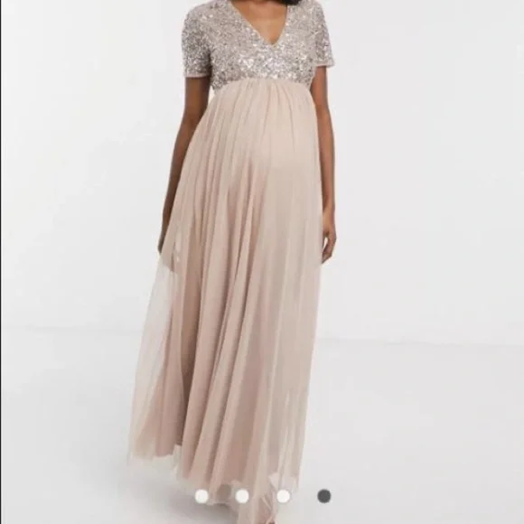 asos maternity evening dresses ASOS DESIGN Maternity Bridesmaid pearl embellished long sleeve maxi dress with floral embroidery in rose